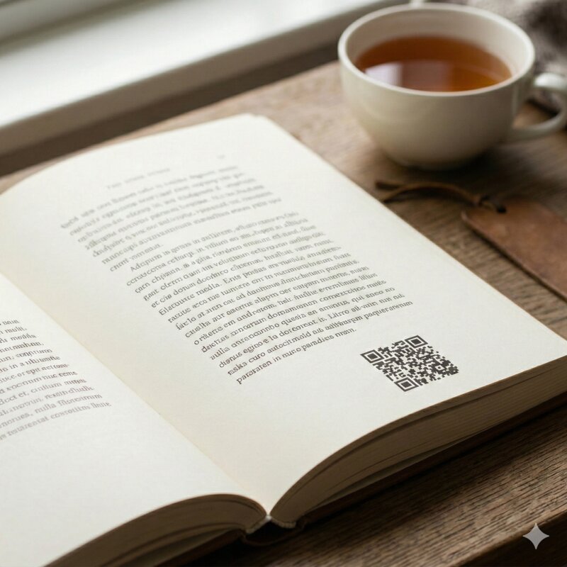 Open book with QR code on page, cup of tea nearby