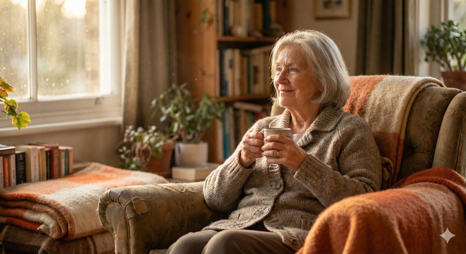 Elderly woman sitting in armchair, holding cup of tea, warm sunlight
