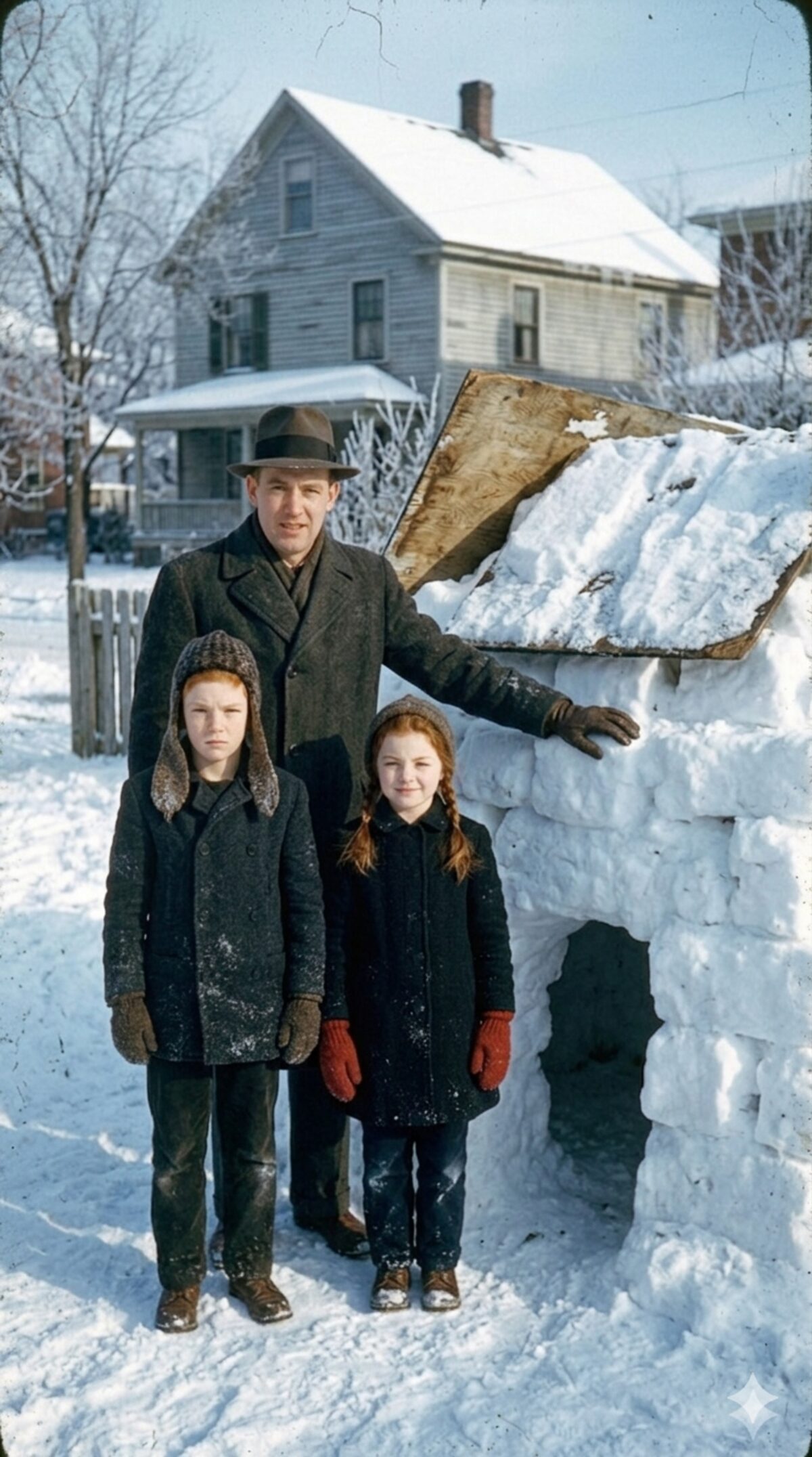 A snow fort glowing with blue light, winter 1956