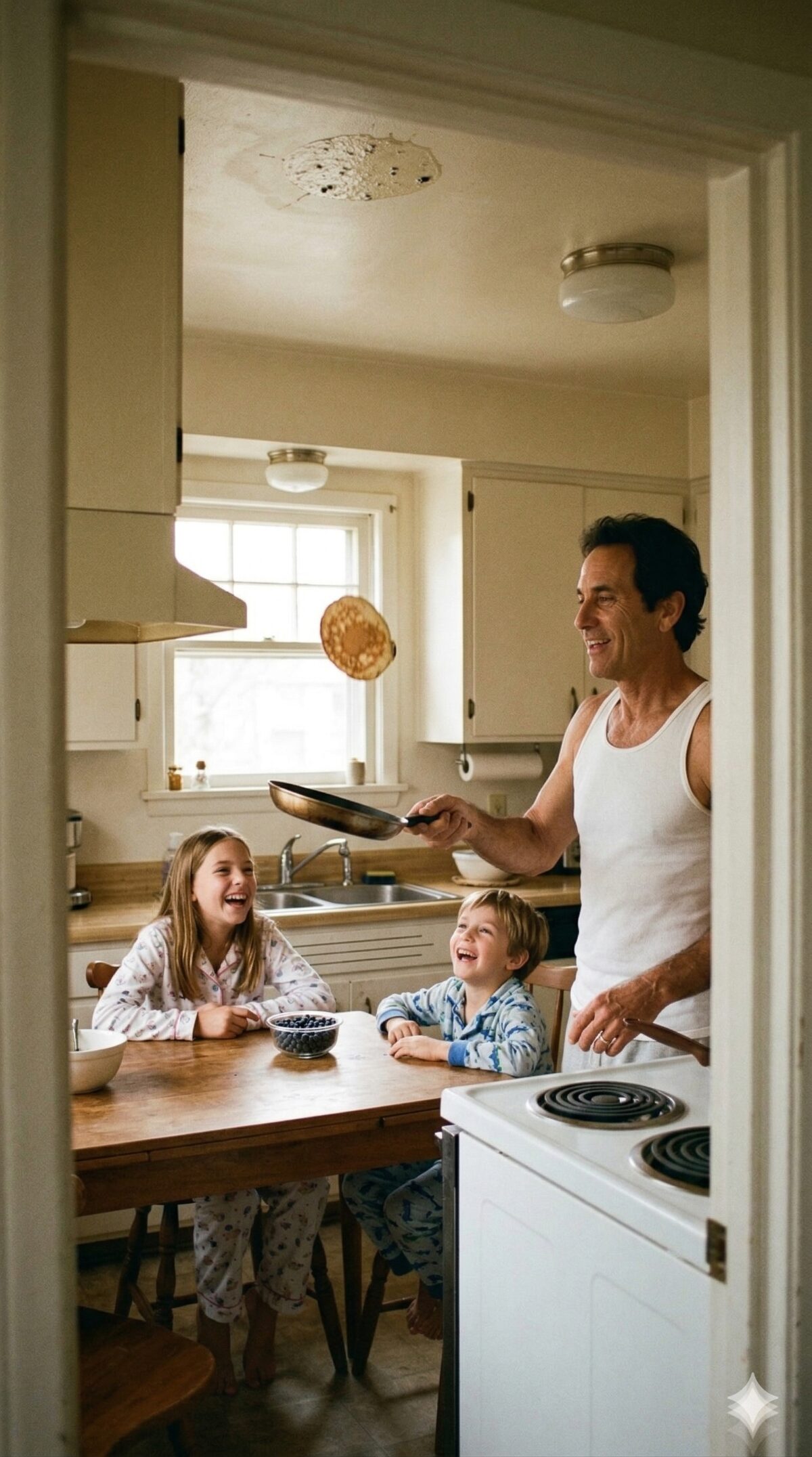 Sunday morning pancakes in a warm kitchen