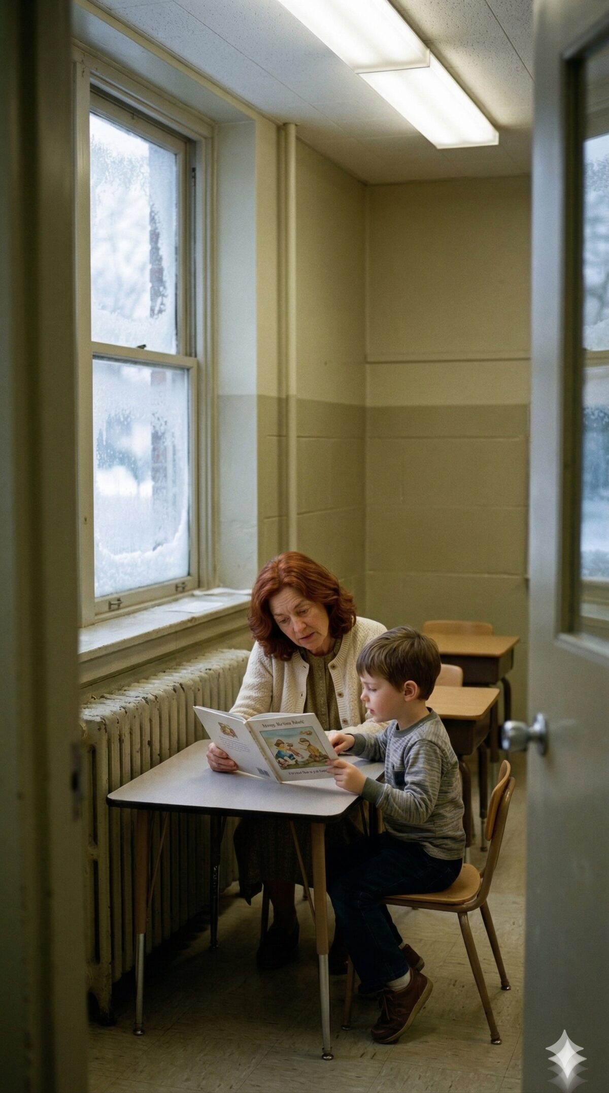 A first-grade classroom with a boy reading