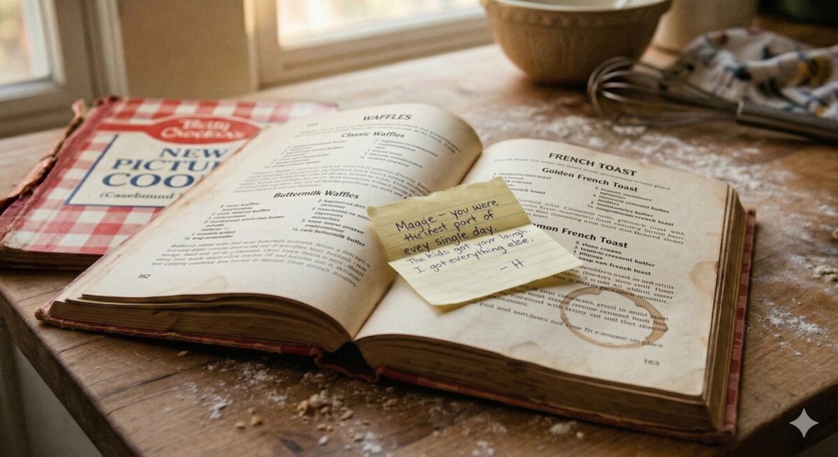 A handwritten note on yellow paper inside a cookbook